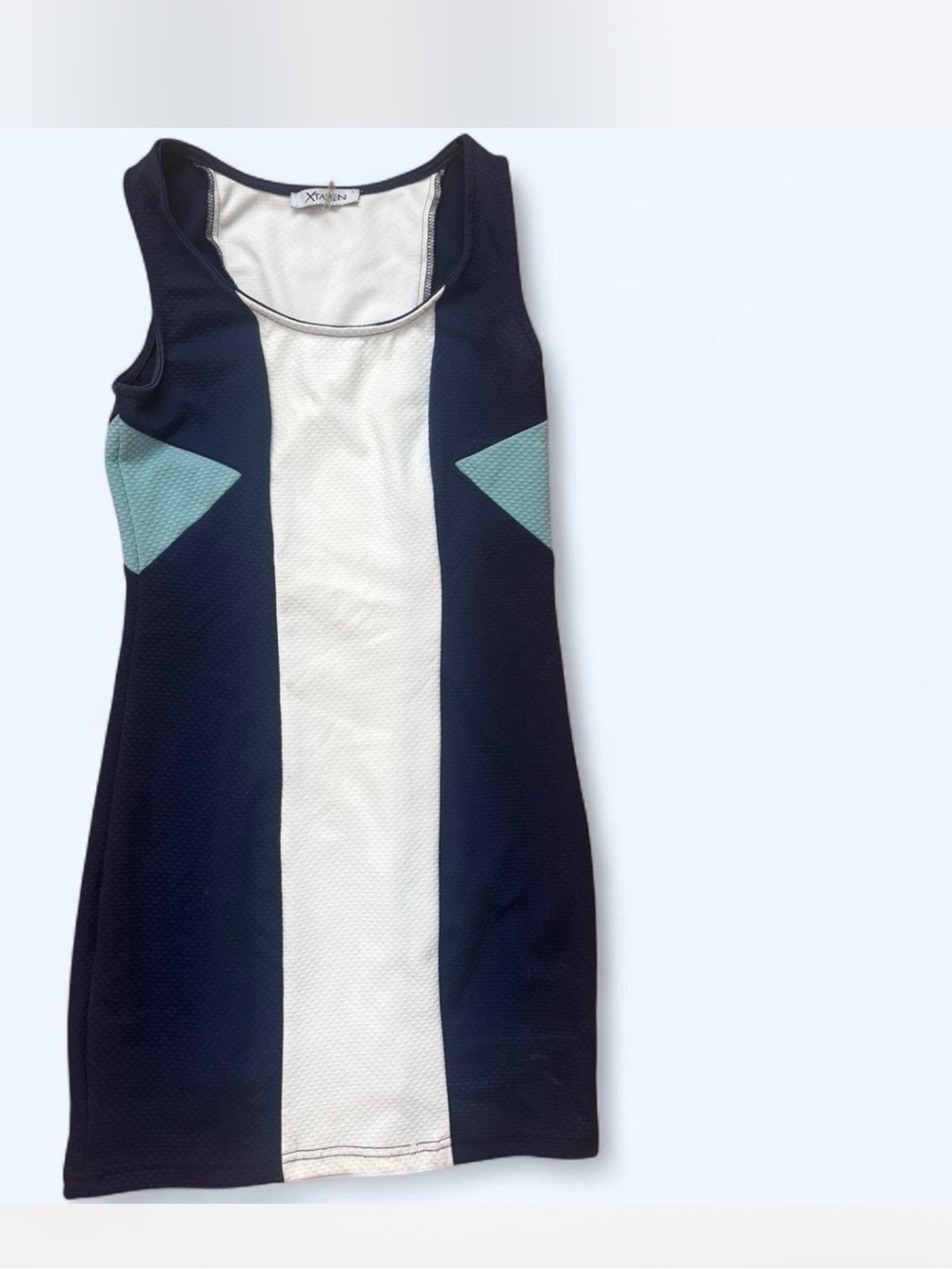 Colorblock Navy and White Sheath Dress with Light Blue Accents